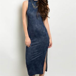 Blue Turtle Neck Tank Dress with Slit