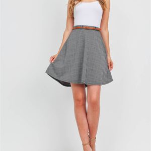 Gray Checkered Skater Skirt with Belt